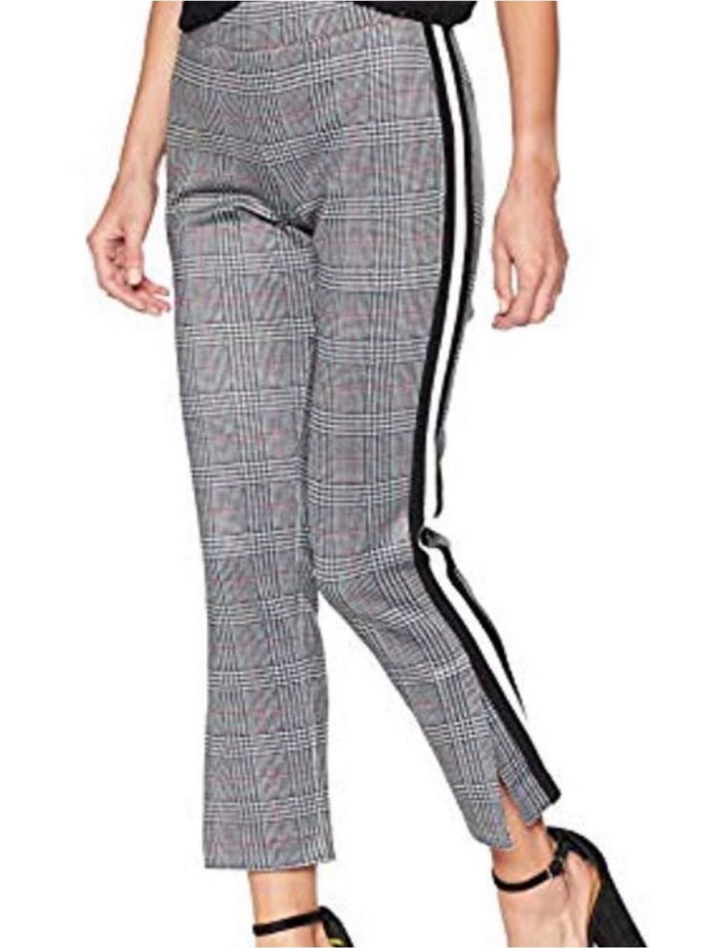 #577 PAM & GELA Glen Houndstooth Plaid Cropped Track Pants w B/W Side Stripe